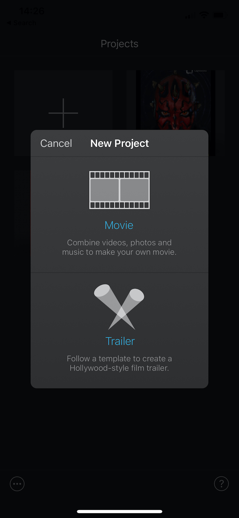 Screenshot of iMovie create project screen