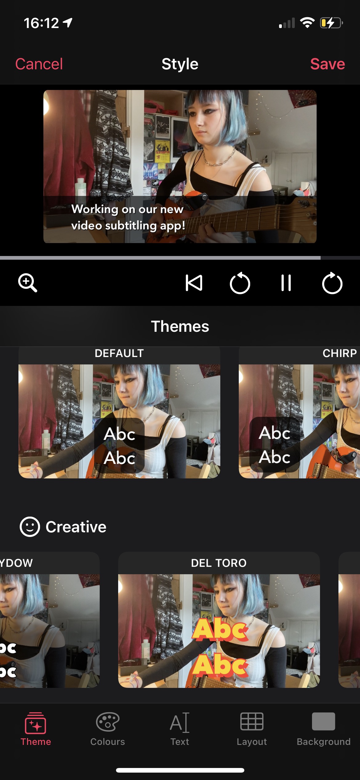 Screenshot of a the new styling UI showing a video and theme thumbnails