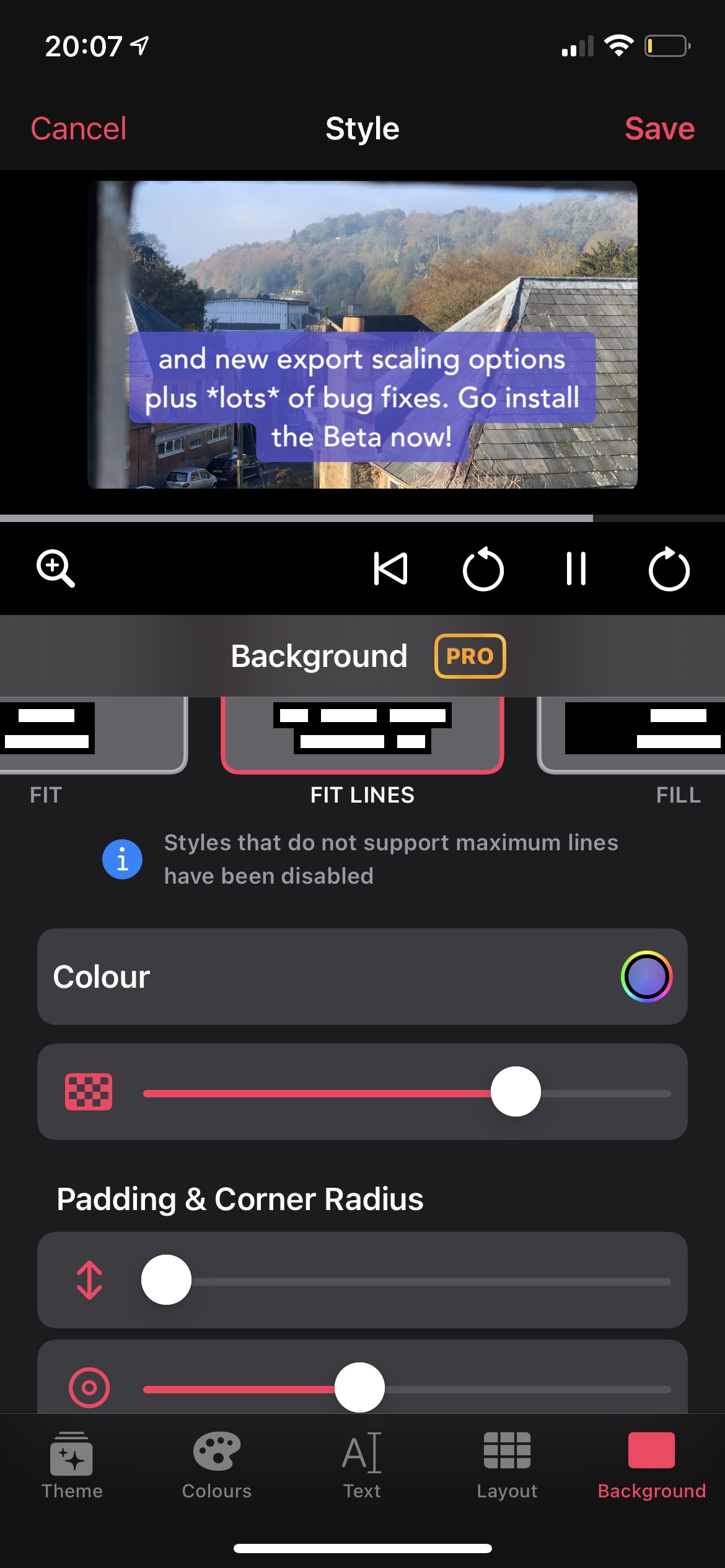 Screenshot of a the new styling UI showing the background options