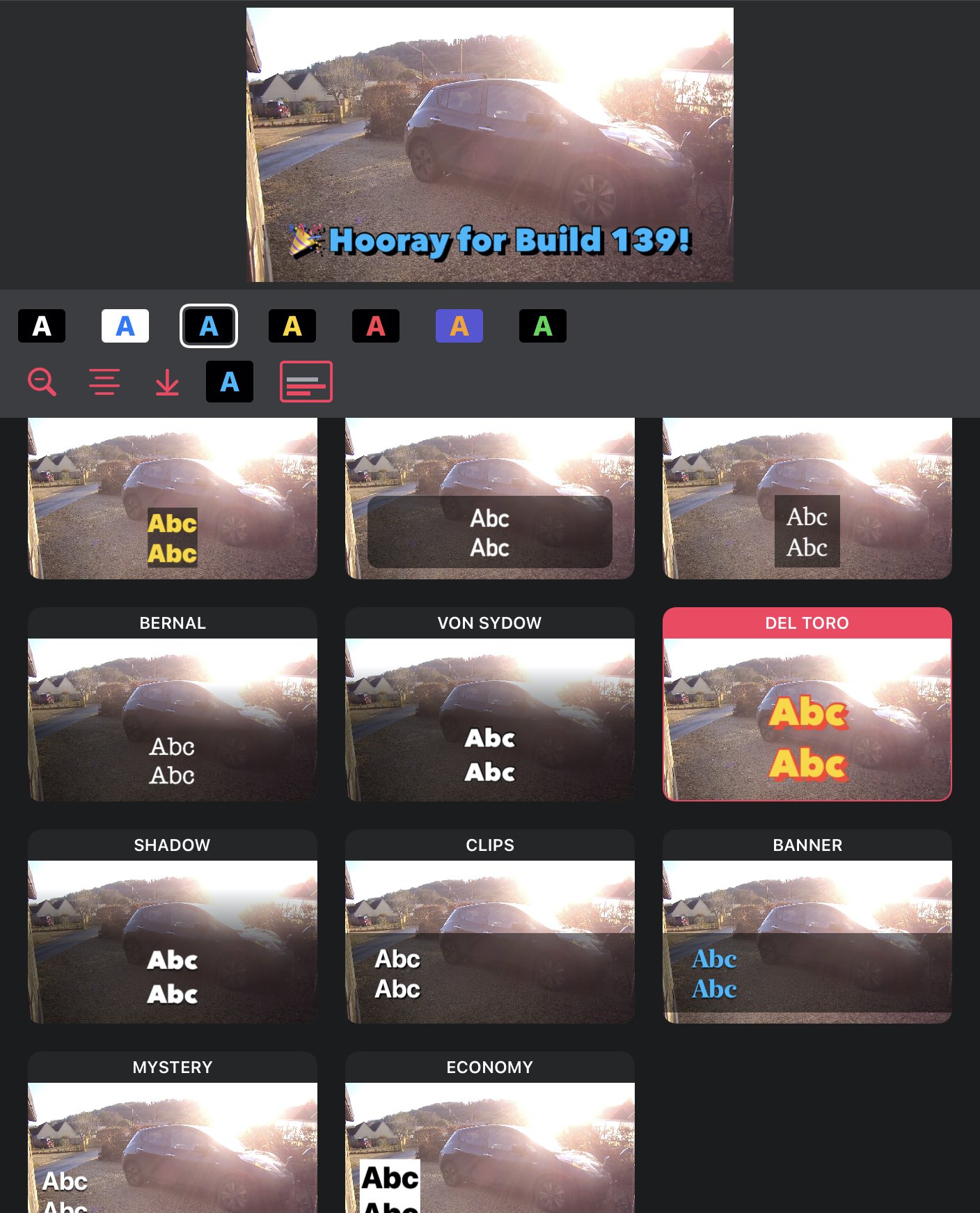 Screenshot of a the new styles UI showing a video with a subtitle and several thumbnails of the different themes